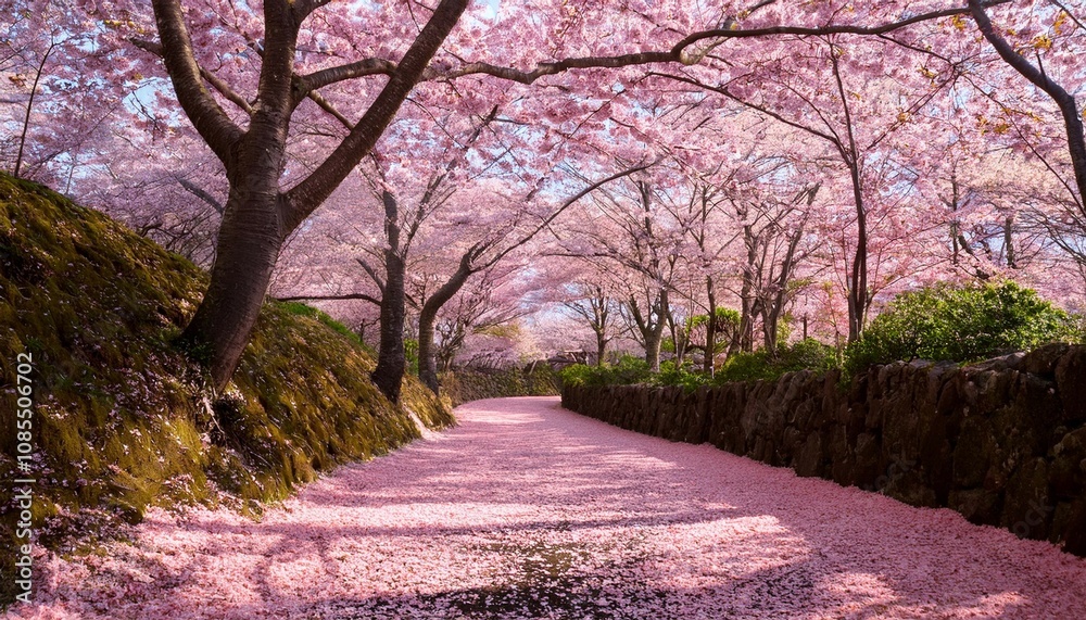 cherry blossoms fall from trees onto a path in a forest creating a soft pink carpet cherry blossoms fall from trees onto a path in a forest creating a soft pink carpet
