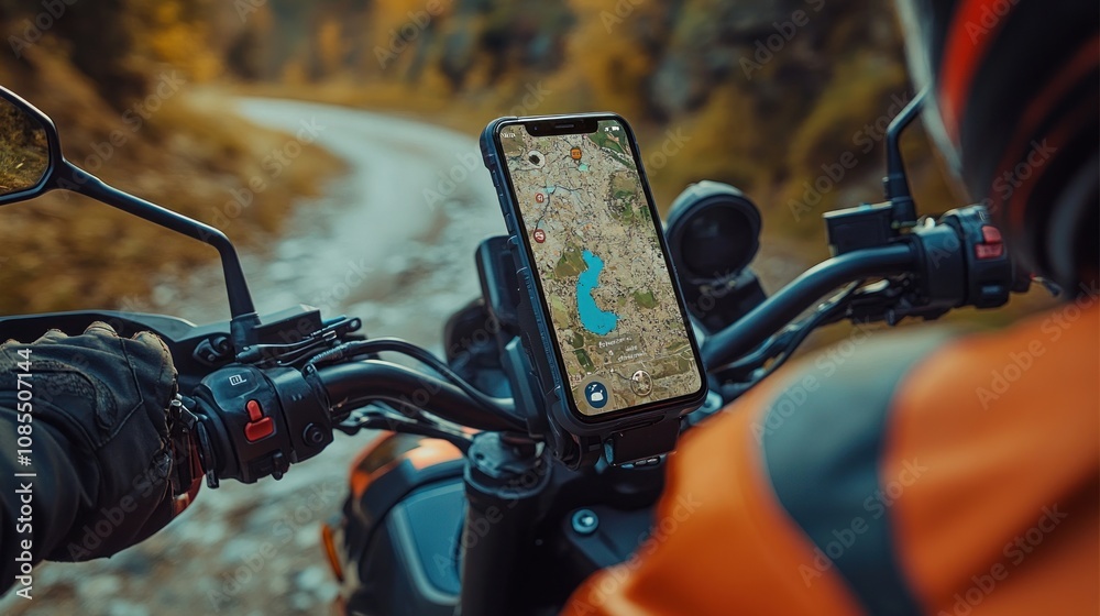 Motorcycle navigation setup on a scenic road. Motorcycle navigation setup on a scenic road.