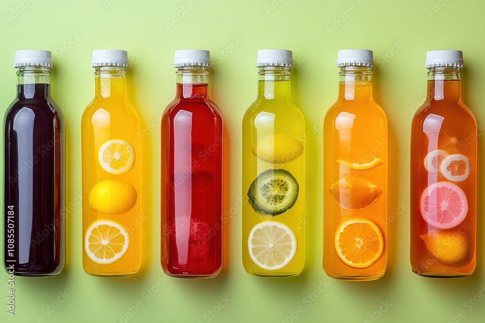 Colorful bottled beverages with fruit slices. Colorful bottled beverages with fruit slices.