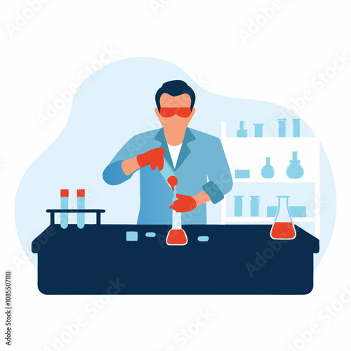 Scientist conducting experiments in a laboratory with precision and focus and copy space