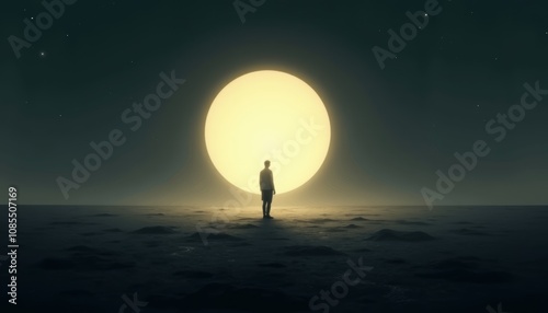 Ethereal landscape with a figure standing before a massive glowing sun, symbolizing hope