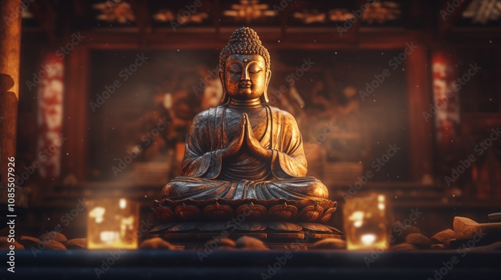 Fototapeta premium religious statue in a temple lit by soft light, space on the left side, Soft Natural Light,generative ai illustration