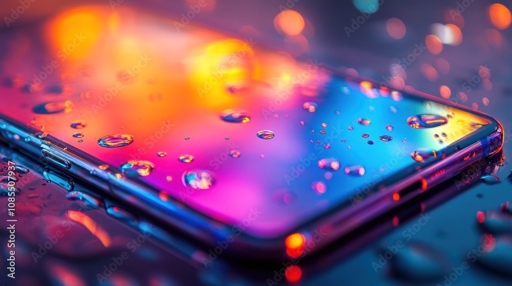 Smartphone with water droplets and colorful reflections. Smartphone with water droplets and colorful reflections.
