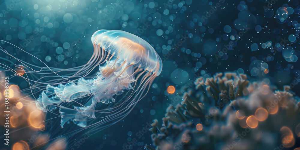 Fototapeta premium A closeup of a medusa jellyfish in an aquarium, capturing the shiny, fluorescent qualities of this fascinating invertebrate in a wild aquatic setting.