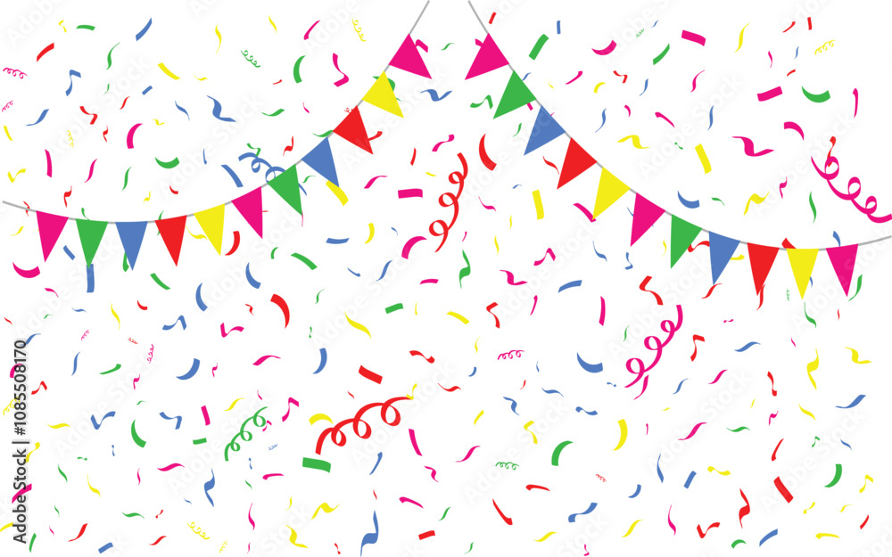 Colorful bright Confetti falling background. Birthday, weeding anniversary, Party, event, festive firework. Multicolored Carnival confetti on white background.