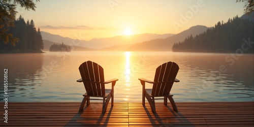 Peaceful Sunrise Lake View Adirondack Chairs on Dock