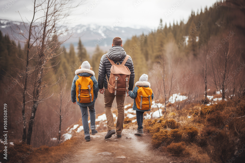 Outdoor leisure: The family enjoys an active day of hiking in the mountains