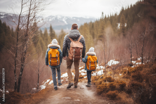 Obraz na płótnie Outdoor leisure: The family enjoys an active day of hiking in the mountains w salonie