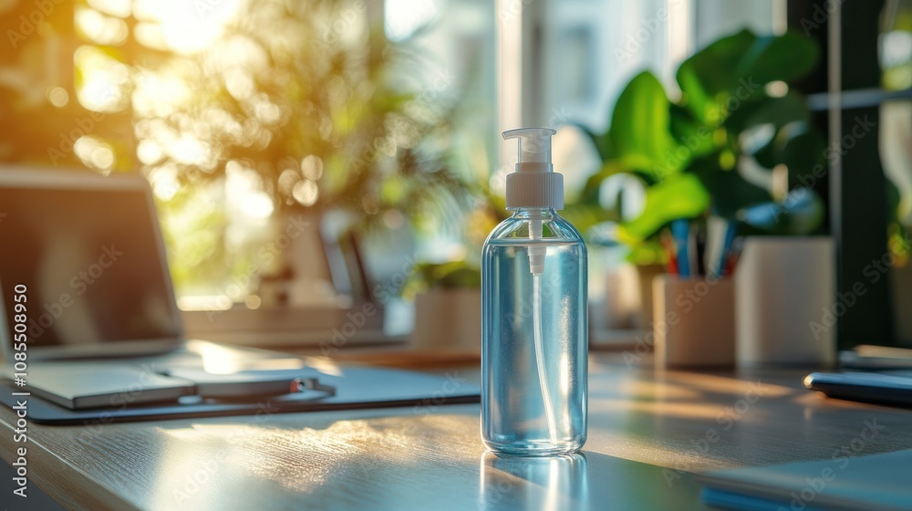 Clear pump bottle on a desk with sunlight. Clear pump bottle on a desk with sunlight.