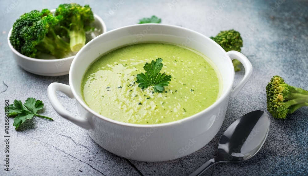 homemade broccoli cream soup with fresh green parsley in white bowl on stone table top view healthy vegan dish homemade broccoli cream soup with fresh green parsley in white bowl on stone table top view healthy vegan dish