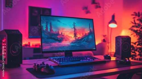 Gaming setup with colorful ambient lighting. photo