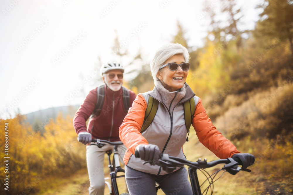 A senior couple enjoys a leisurely bike ride through the vibrant colors of autumn, basking in the warm sunshine and the joy of companionship.