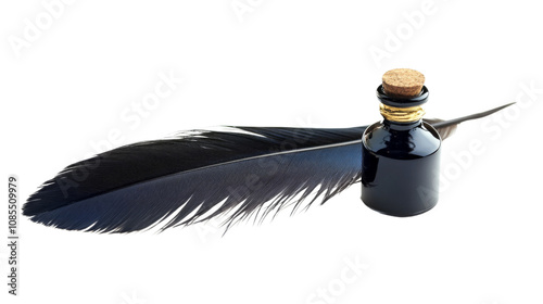 Ink bottle with animal feather transparent background photo