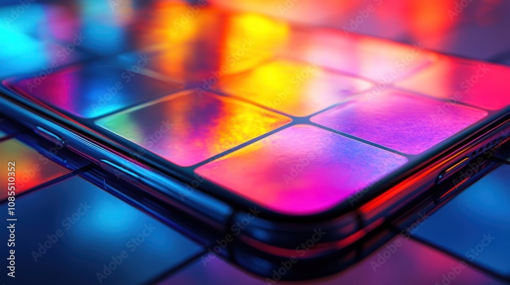 Colorful smartphone on a reflective surface.