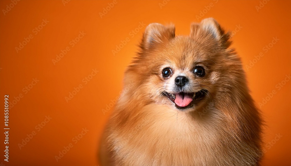 playful happy pomeranian dog posing against a bright solid orange background perfect for vibrant pet photography cheerful animal portraits and colorful design projects playful happy pomeranian dog posing against a bright solid orange background perfect for vibrant pet photography cheerful animal portraits and colorful design projects