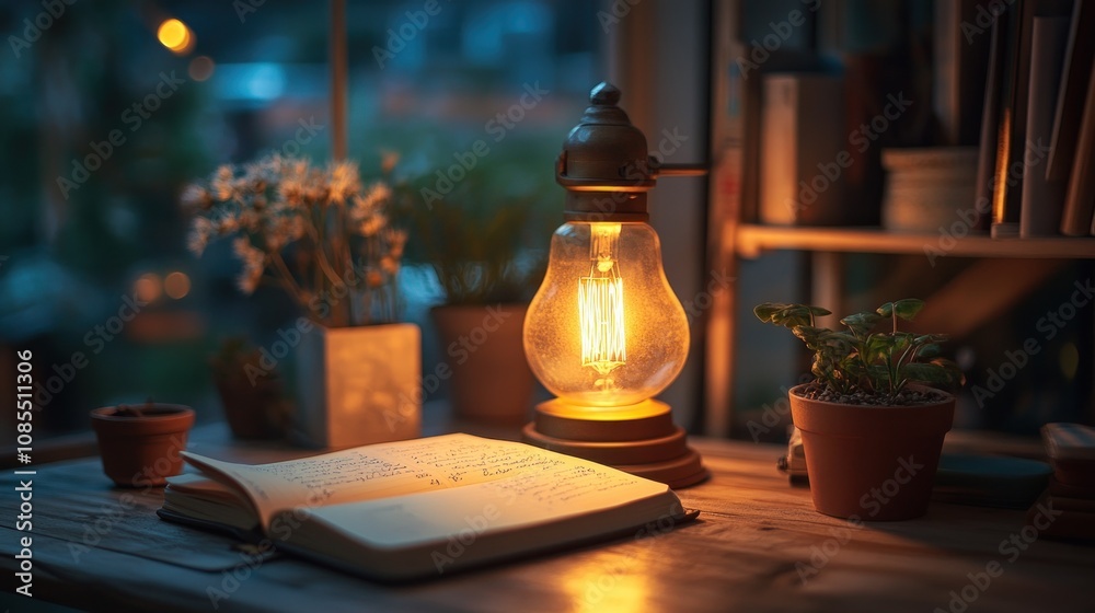 Cozy reading nook with a lamp and plants. Cozy reading nook with a lamp and plants.