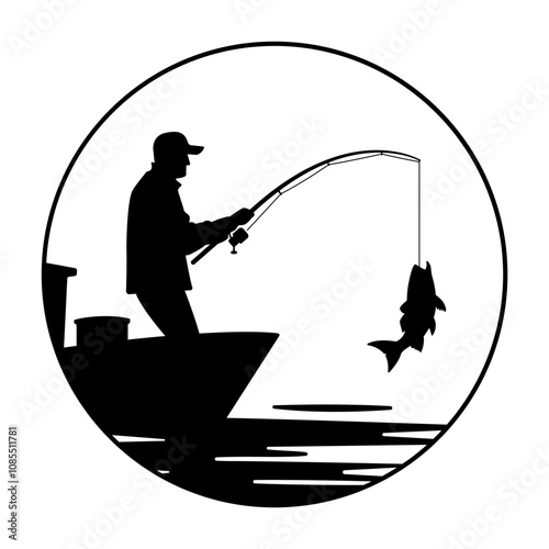 Silhouette graphic of a fisherman on a boat