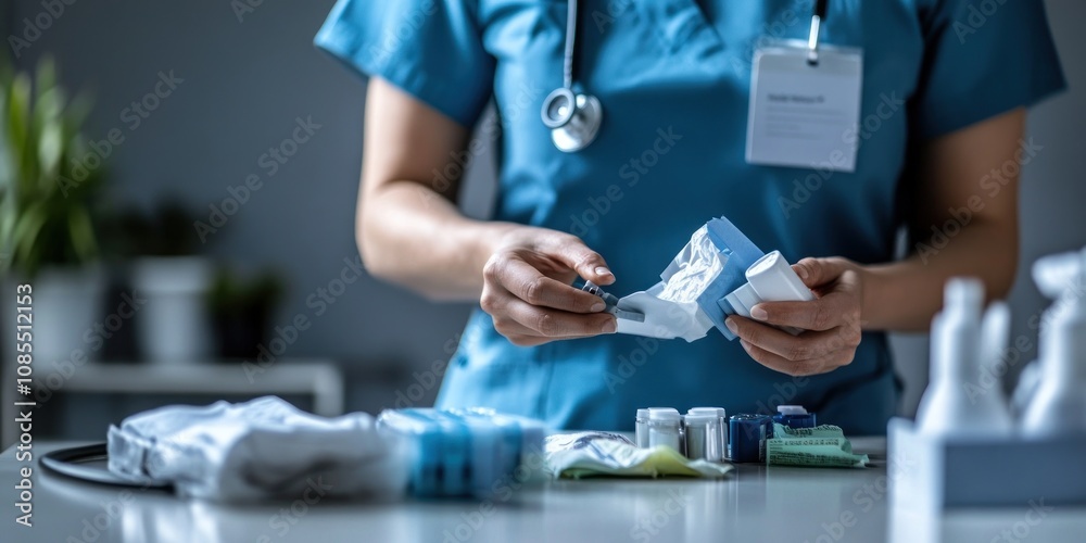 A healthcare professional organizes medical supplies on a table in a clinical setting. A healthcare professional organizes medical supplies on a table in a clinical setting.