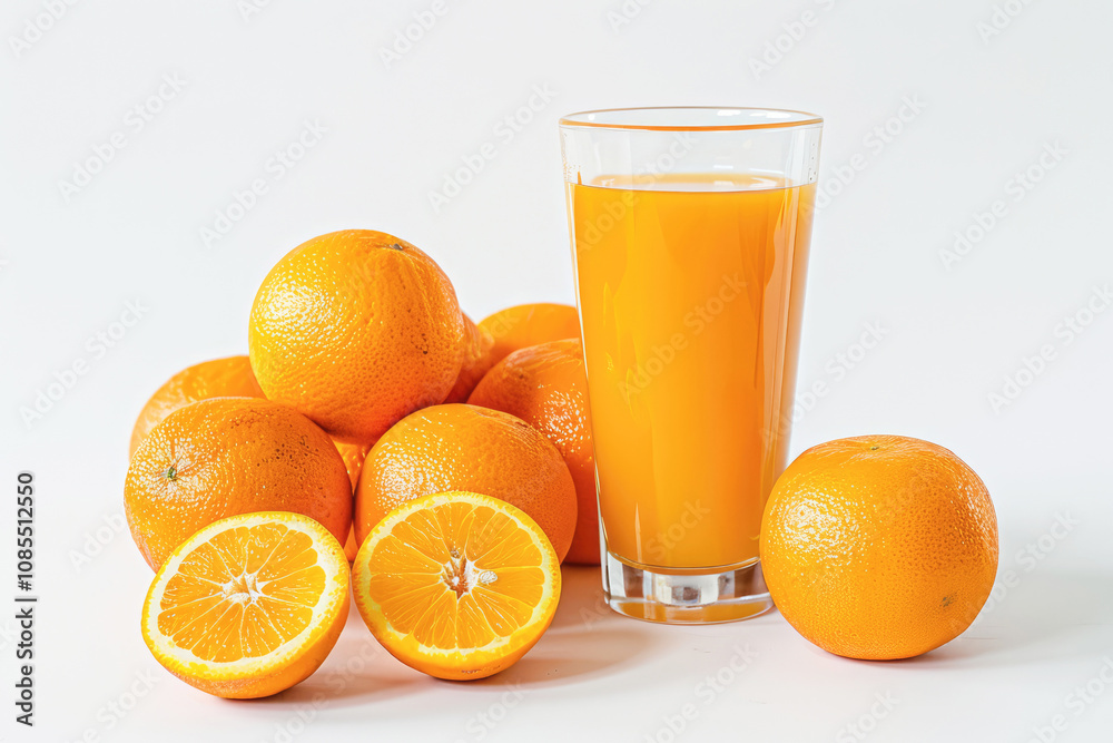 Closeup of a glass of bright orange juice and pile of fruits, highlighting its delicious nature, ideal for a tropical breakfast drink Closeup of a glass of bright orange juice and pile of fruits, highlighting its delicious nature, ideal for a tropical breakfast drink