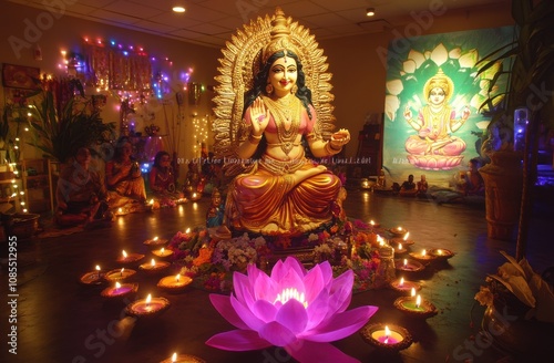 statue of Laxmi, the goddess of wealth and prosperity, stands in the center of the room