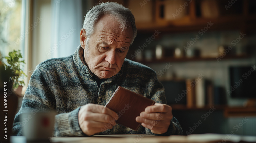 Fototapeta premium A puzzled man with an empty wallet at home
