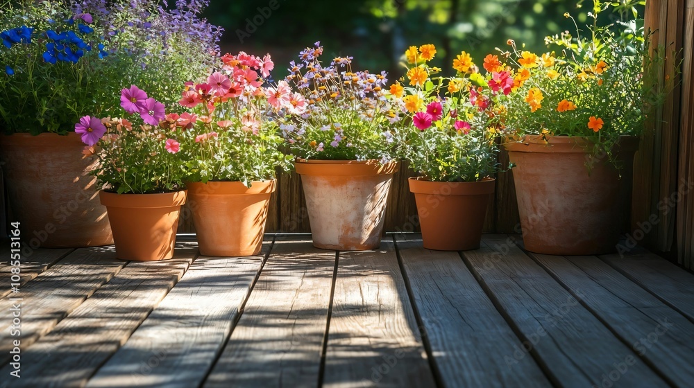 Colorful Flowers in Terracotta Pots on Wooden Deck Colorful Flowers in Terracotta Pots on Wooden Deck