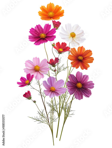 Fototapeta Naklejka Na Ścianę i Meble -  vibrant bouquet of cosmos flowers in various colors, including pink, orange, and white, showcasing their delicate petals and natural beauty. Perfect for floral arrangements