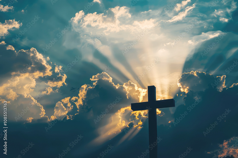 Silhouette of a cross against a blue sky, symbolizing faith and spiritual belief in Christianity