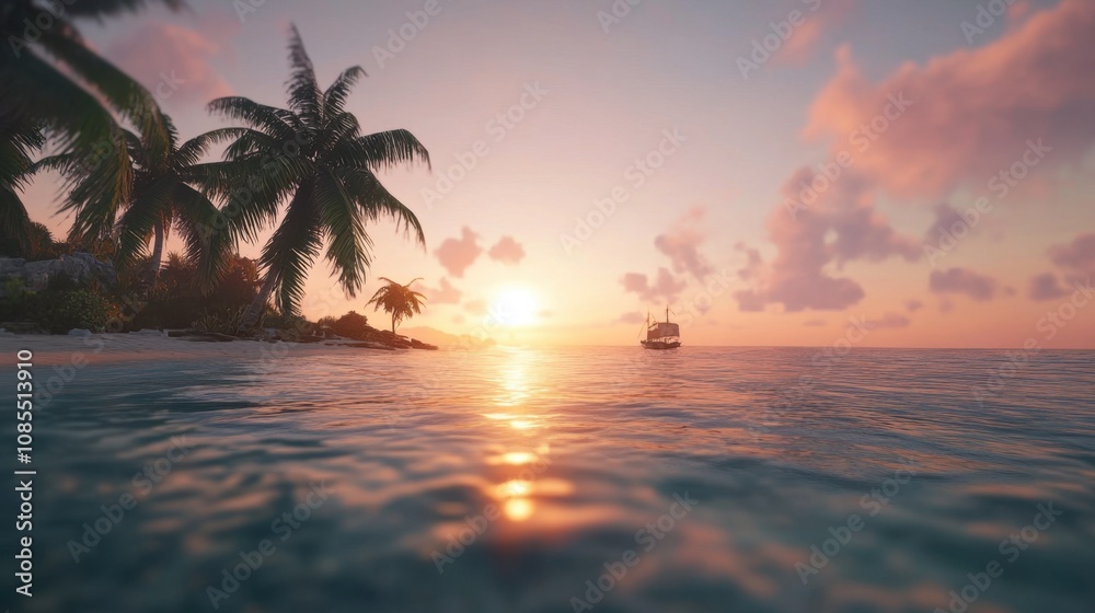 Serene Sunset Over Calm Waters with Palm Trees and a Boat Silhouetted on the Horizon, Capturing the Tranquility of a Tropical Paradise Serene Sunset Over Calm Waters with Palm Trees and a Boat Silhouetted on the Horizon, Capturing the Tranquility of a Tropical Paradise