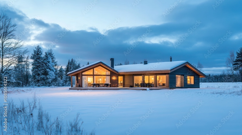 Minimalist Scandinavian home with large windows, snow-covered landscape, overcast lighting Minimalist Scandinavian home with large windows, snow-covered landscape, overcast lighting