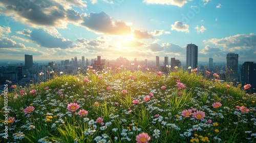 Vibrant Urban Landscape at Sunrise with Colorful Wildflowers Blossoming atop a Green Hill Overlooking a Bustling City Skyline and Dramatic Clouds