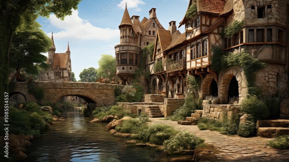 Obraz premium Illustration little town or village next to river in computer game 