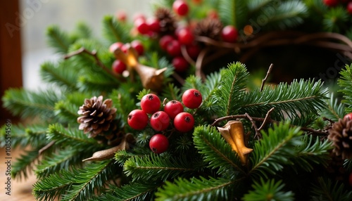 Festive Christmas wreath decorated with red berries and pinecones 