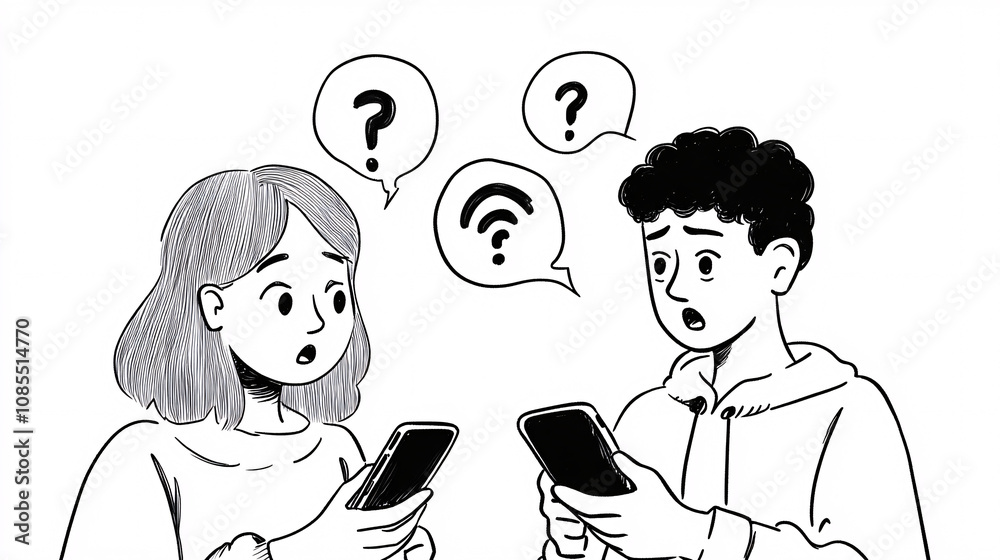 lack-and-White Line Drawing of Teenagers Holding Smartphones with Question Marks, Representing Curiosity and Problem-Solving in a Digital World lack-and-White Line Drawing of Teenagers Holding Smartphones with Question Marks, Representing Curiosity and Problem-Solving in a Digital World