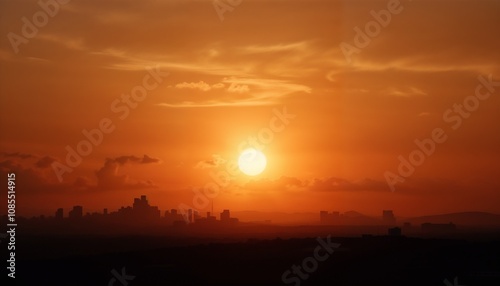 Stunning sunset over a city skyline with a warm orange glow