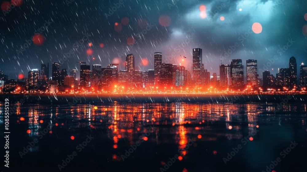 Fototapeta premium Majestic City Skyline Under Rainy Night Sky with Glowing Reflections on Water Surface Showcasing Urban Beauty and Atmospheric Mood in Dramatic Lighting Conditions