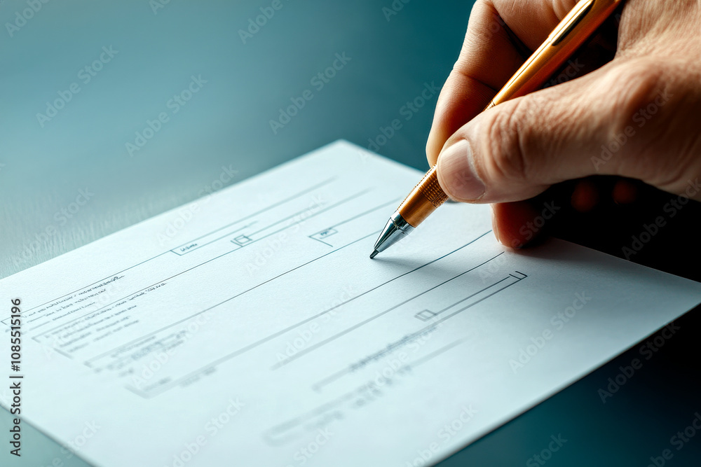 A close-up of a hand holding a pen, poised over a blank form on a smooth surface, indicating a moment of writing or documentation. A close-up of a hand holding a pen, poised over a blank form on a smooth surface, indicating a moment of writing or documentation.