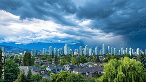 Majestic Cityscape Under Dramatic Sky with Dark Clouds and Sunlit Urban Landscape Showcasing Skyscrapers and Lush Greenery in a Modern Metropolitan Area