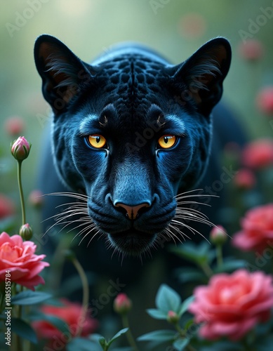 panther wild looking creature in greenery and flowery nature,futuristic,blue,red,purple,black,white colors photo