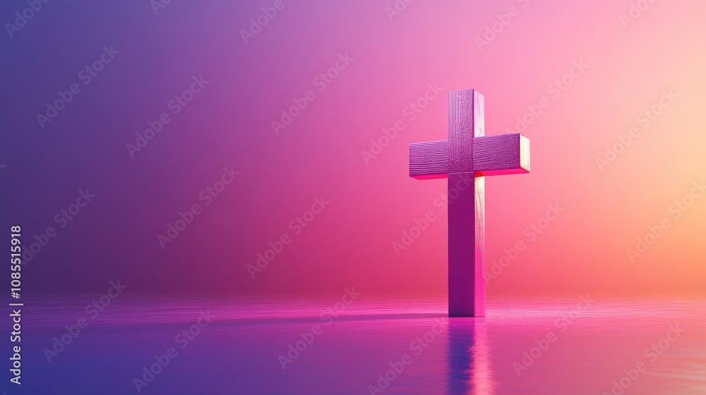 Simple wooden cross on a vibrant sunset gradient, ideal for reflective or devotional messages Simple wooden cross on a vibrant sunset gradient, ideal for reflective or devotional messages