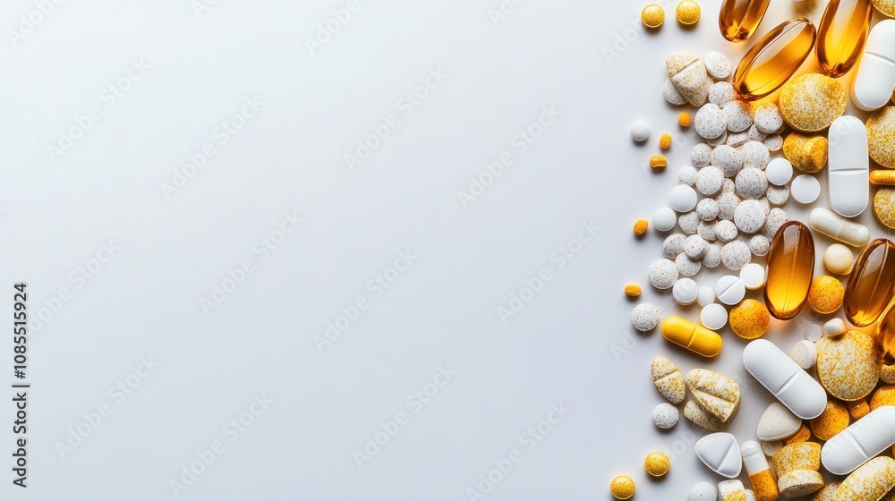 A collection of various pills and supplements arranged on a light background. A collection of various pills and supplements arranged on a light background.
