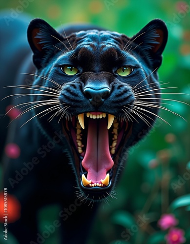 panther wild looking creature in greenery and flowery nature,futuristic,blue,red,purple,black,white colors