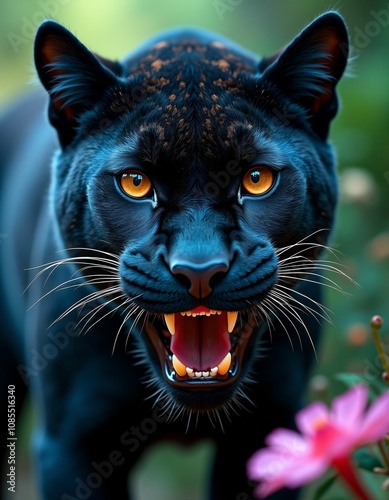 panther wild looking creature in greenery and flowery nature,futuristic,blue,red,purple,black,white colors photo