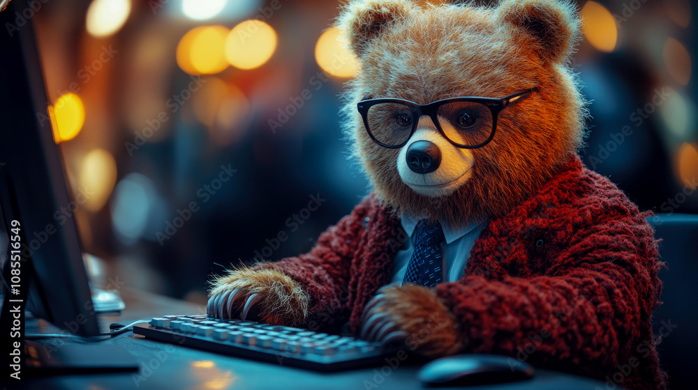 A bear dressed in formal attire works on a computer in a warm, inviting cafe, showcasing a whimsical blend of animal and human activities A bear dressed in formal attire works on a computer in a warm, inviting cafe, showcasing a whimsical blend of animal and human activities