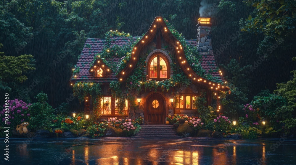 Obraz premium Enchanted Cozy Cottage Surrounded by Lush Greenery with Glowing Lights and Gentle Rain in a Tranquil Forest Setting at Dusk