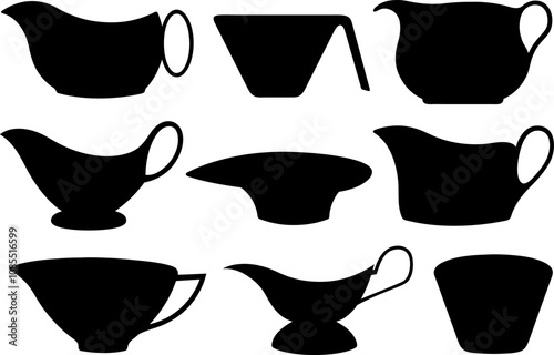 Collection of different gravy sauce boats isolated on white background