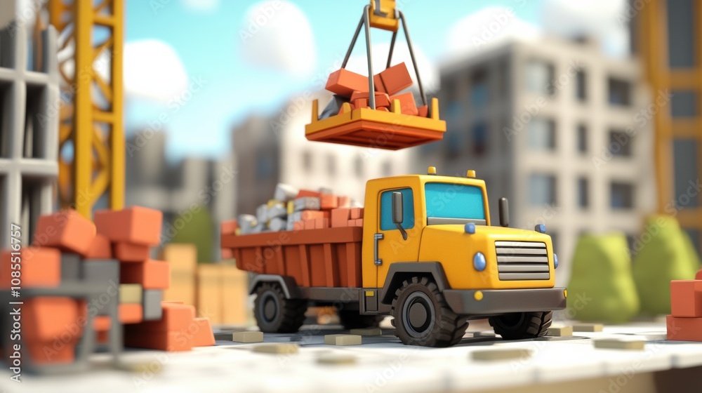 Vibrant 3D Illustration of a Construction Site with a Yellow Dump Truck Transporting Building Materials Amidst Urban Background and Bright Skies Vibrant 3D Illustration of a Construction Site with a Yellow Dump Truck Transporting Building Materials Amidst Urban Background and Bright Skies