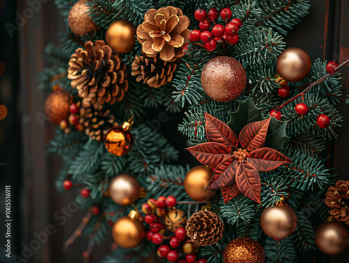 Closeup Christmas wreath from tree with decoration. Christmas concept.  photo