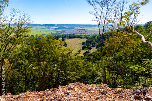 Landscape view, with mountains, plantations and blue sky, in the state of Sao Paulo, Brazil photo