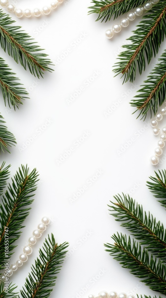 Elegant blank card framed by festive Christmas tree branches and sparkling pearls on a pristine white background for holiday greetings Elegant blank card framed by festive Christmas tree branches and sparkling pearls on a pristine white background for holiday greetings